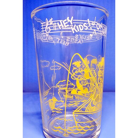 1953 Howdy Doody Welch's Juice Glass Mr Bluster Clarabell Fishing FLAW READ - Picture 7 of 11